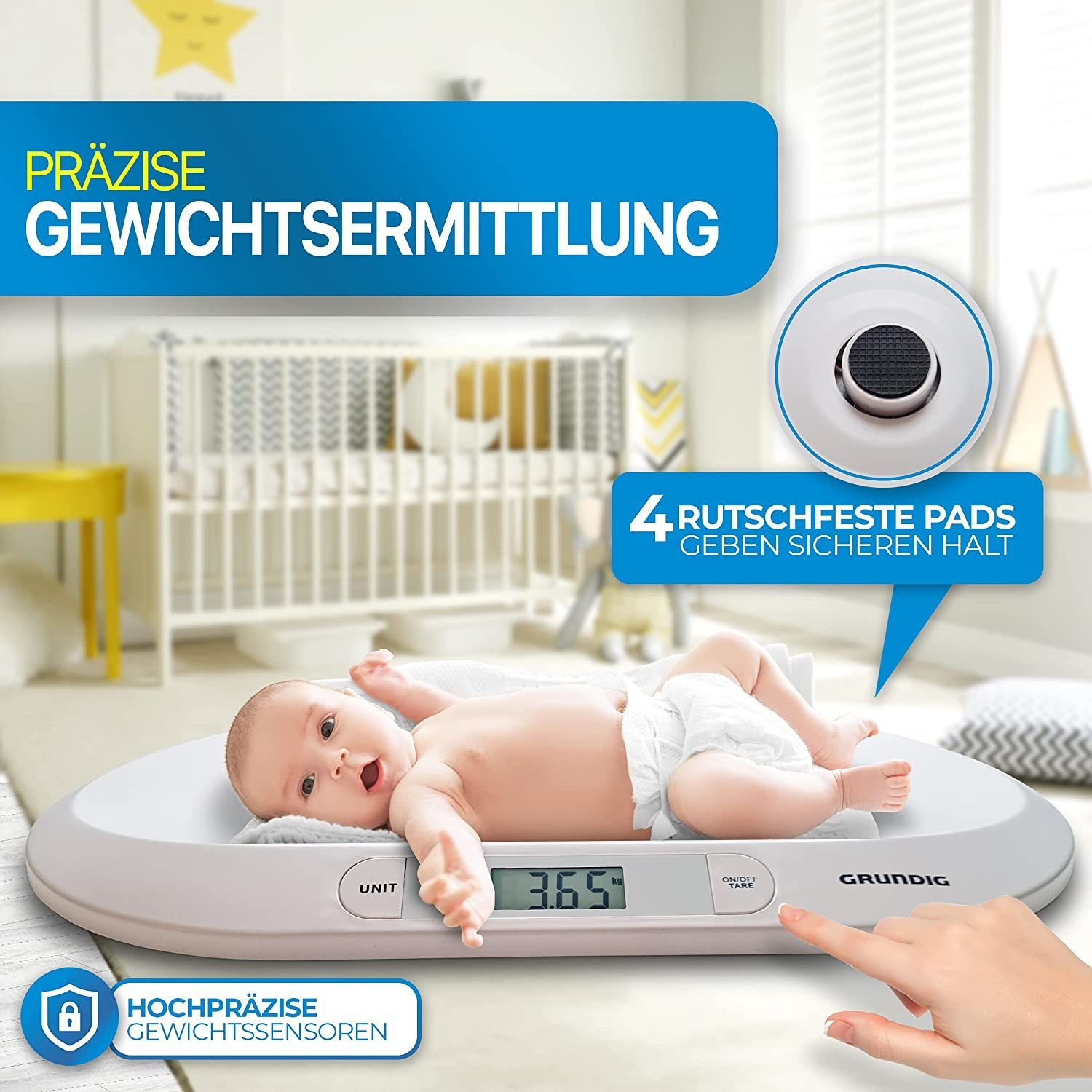 Ein Baby liegt auf einer digitalen Babywaage. Eine Hand zeigt auf die Unit-Taste.