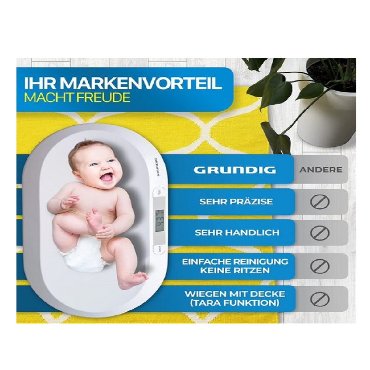 Baby auf einer Waage, lächelnd. Texte: 'Grundig', 'Präzise', 'Einfache Reinigung'.
