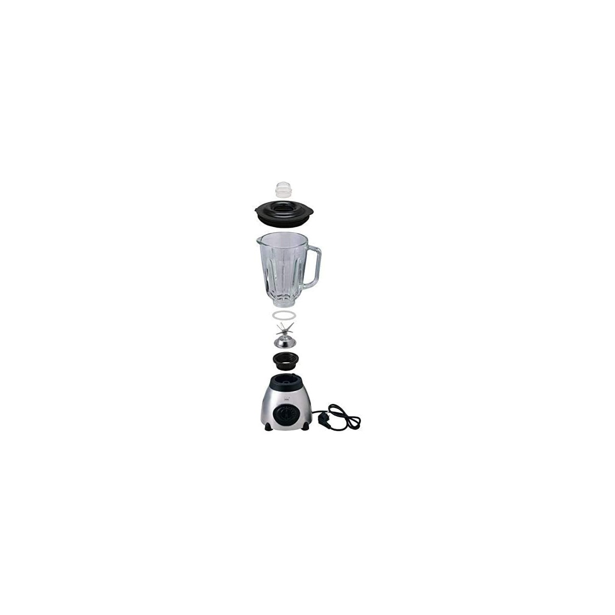 Zerlegter Mixer, der Teile zeigt: Basis, Klinge, Glas, Deckel und Kappe.