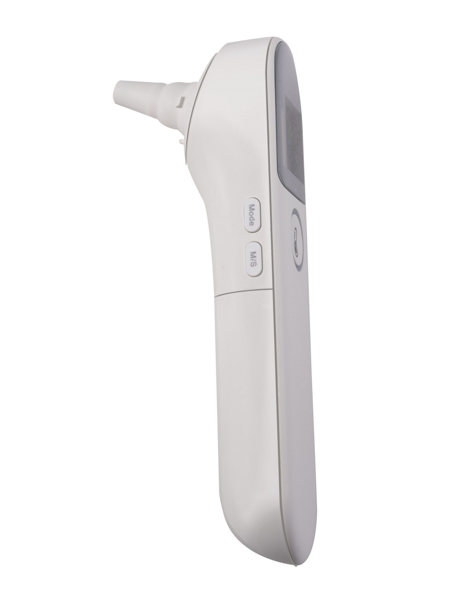 Ein weißes, digitales Ohrthermometer. Es hat einen langen Körper mit Knöpfen und eine Sonde.