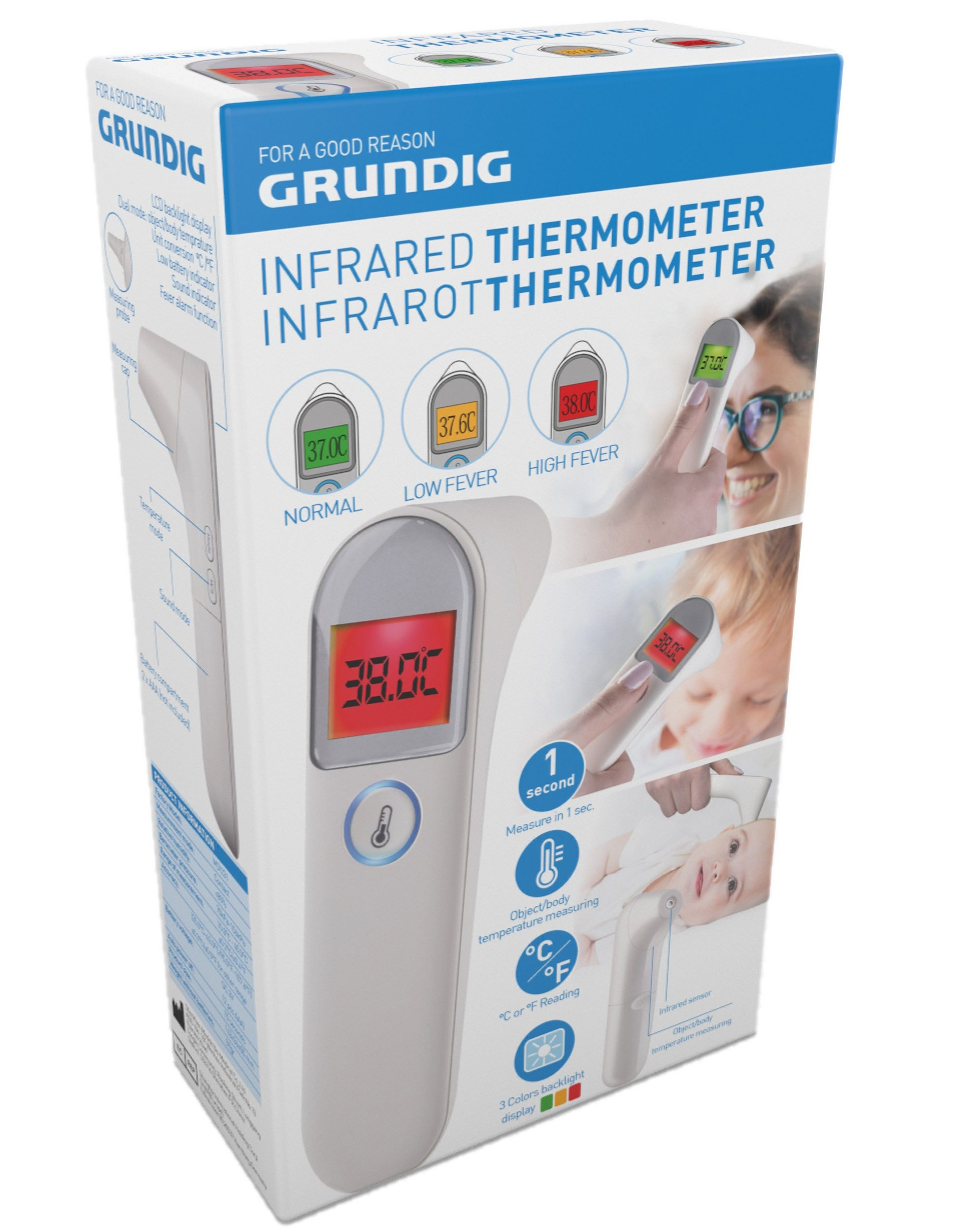 Infrarot-Thermometer in einer Box. Es zeigt Temperaturmesswerte an und hat einen Bildschirm.