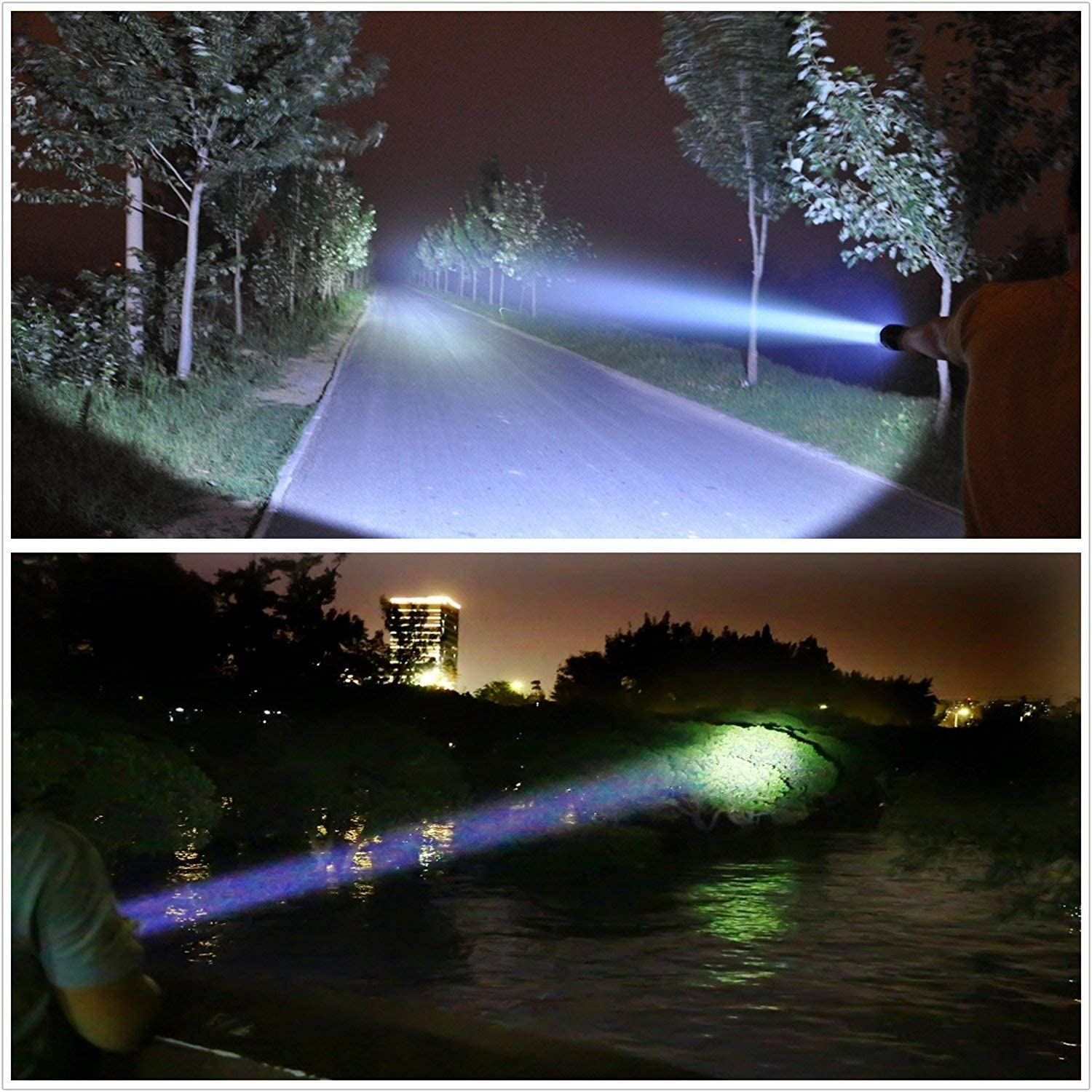 Zwei Bilder zeigen einen Taschenlampenstrahl bei Nacht. Eines auf einer Straße, das andere über Wasser.