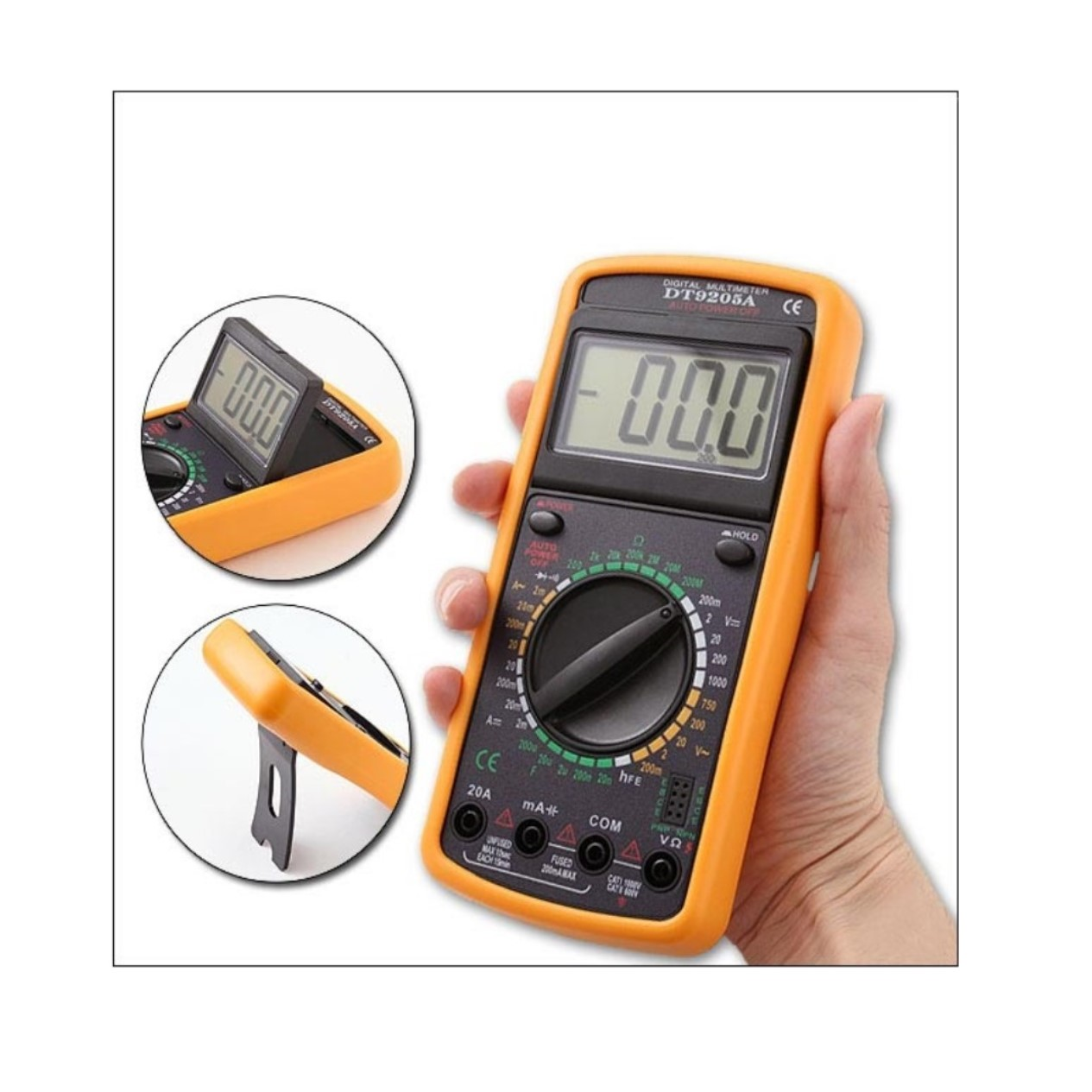 Orange Multimeter mit LCD-Bildschirm, schwarzem Drehknopf, in der Hand.