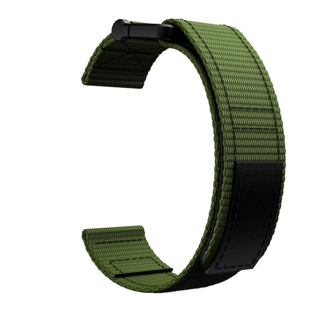 Grünes Uhrenarmband mit schwarzem Lederaufnäher. Das Band hat C-Form.