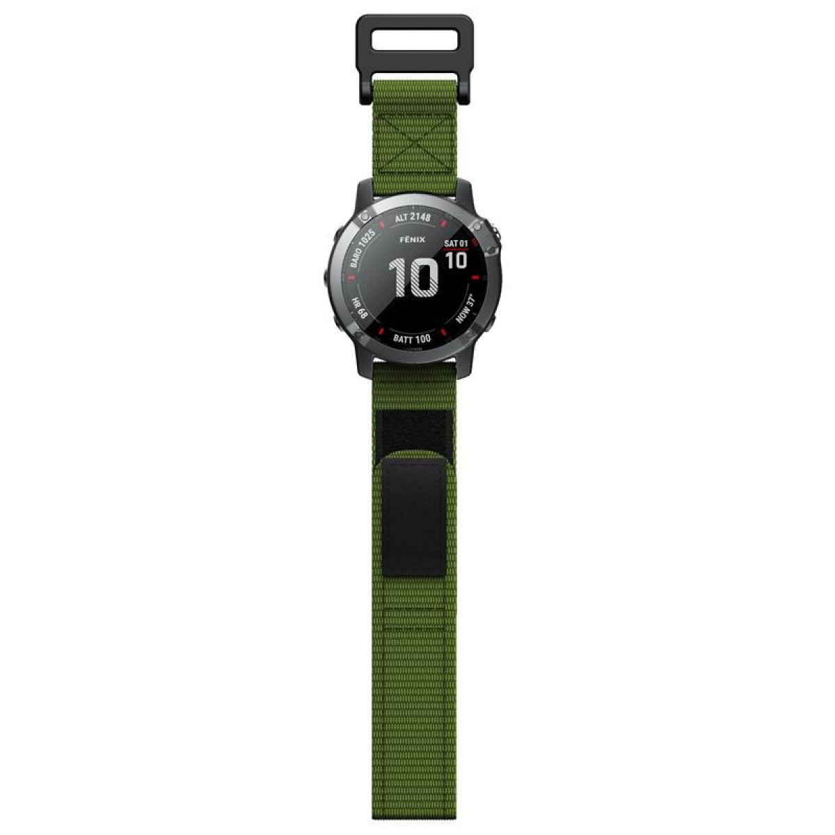 Eine schwarze Smartwatch mit grünem Armband. Die Uhr zeigt Zeit und Daten an. Der Hintergrund ist weiß.