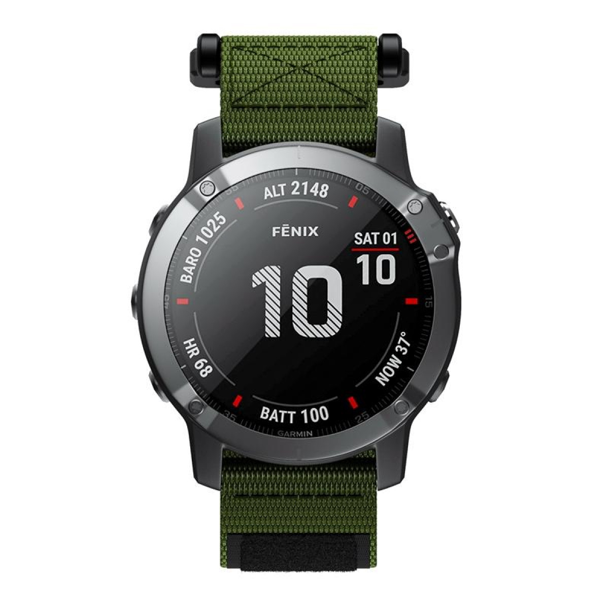 Schwarze Garmin-Uhr mit grünem Armband, zeigt Zeit und Daten an.