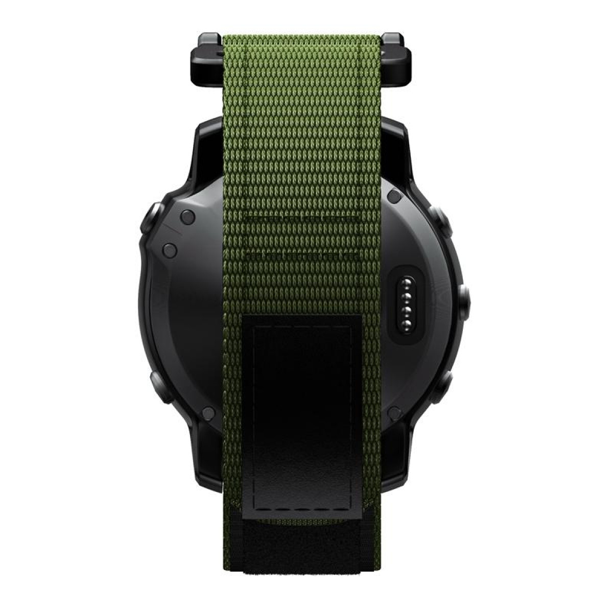 Schwarze Smartwatch, Draufsicht. Grünes Armband, Knöpfe an der Seite und Sensorfeld.