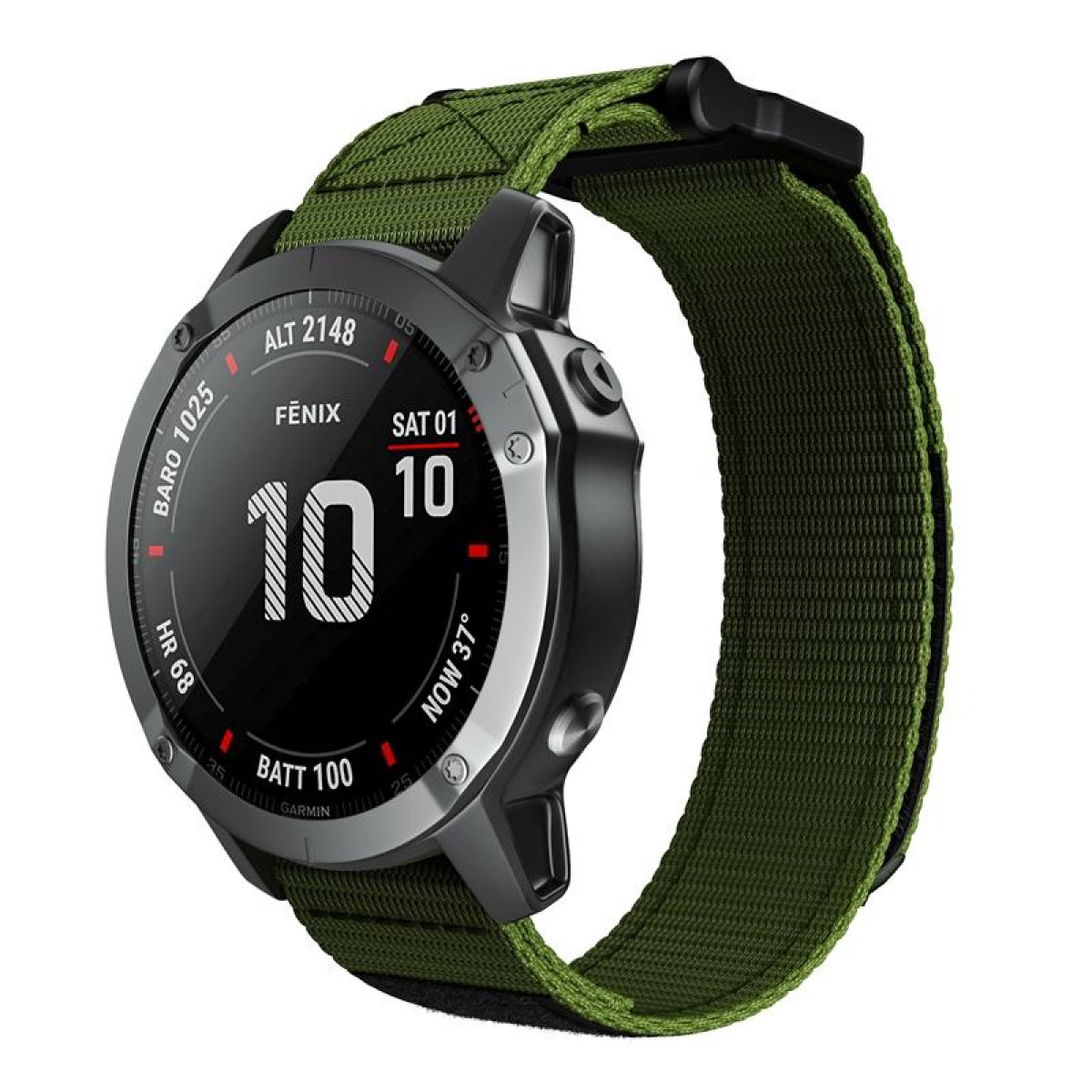 Eine schwarze Smartwatch mit grünem Armband. Der Bildschirm zeigt die Uhrzeit und andere Metriken.