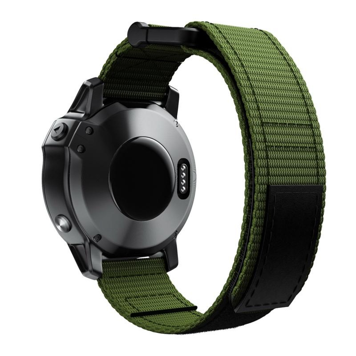 Schwarze Smartwatch mit grünem Armband, Rückseite sichtbar. Isoliert.