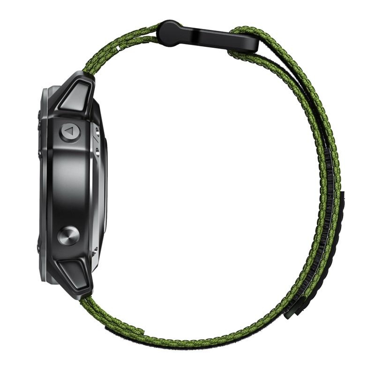 Seitenansicht einer schwarzen Smartwatch mit grünem Armband.