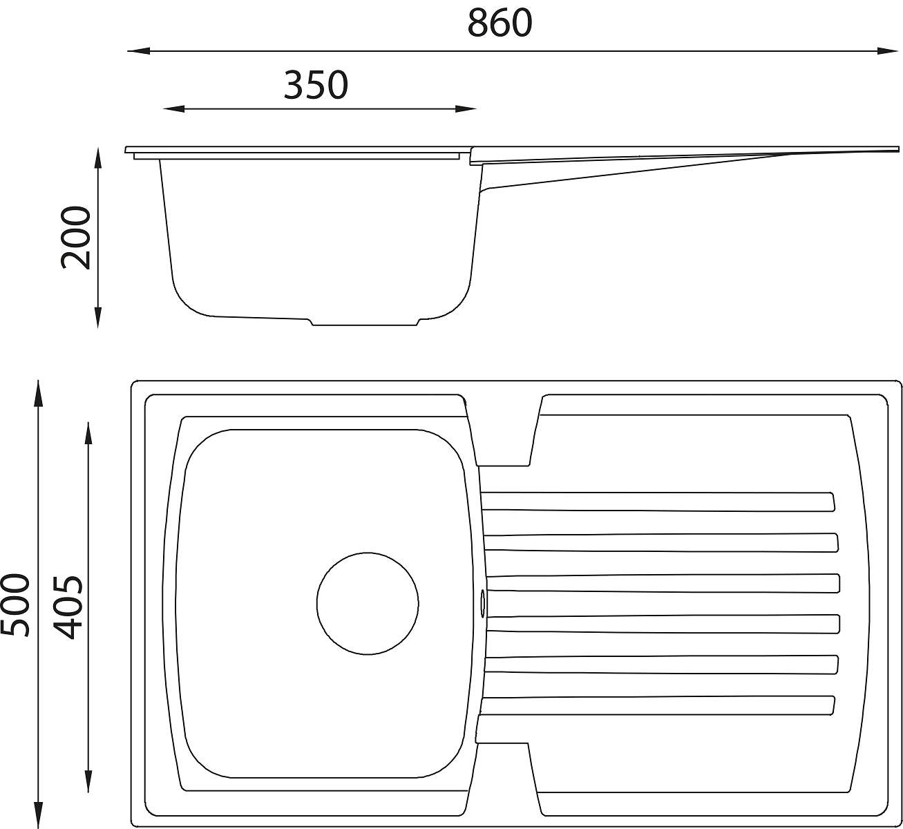 Disegno al tratto di un lavello da cucina con dimensioni. Viste dall'alto e laterale, che mostrano la disposizione del lavabo e dello scolapiatti.