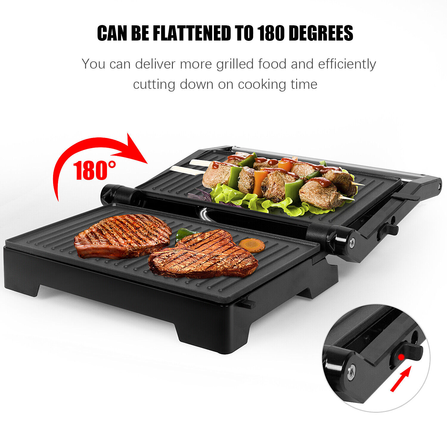 Ein Flachgrill mit Steaks und Spießen, auf 180 Grad abgeflacht.