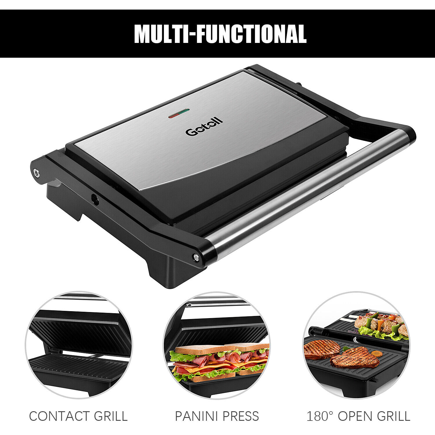 Multifunktionaler Kontaktgrill. Drei Anwendungsbeispiele: Kontaktgrill, Panini, 180° Grill.