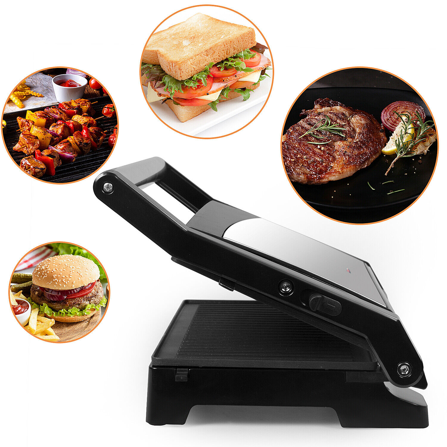 Ein schwarzer Grill mit Speiseproben drumherum.