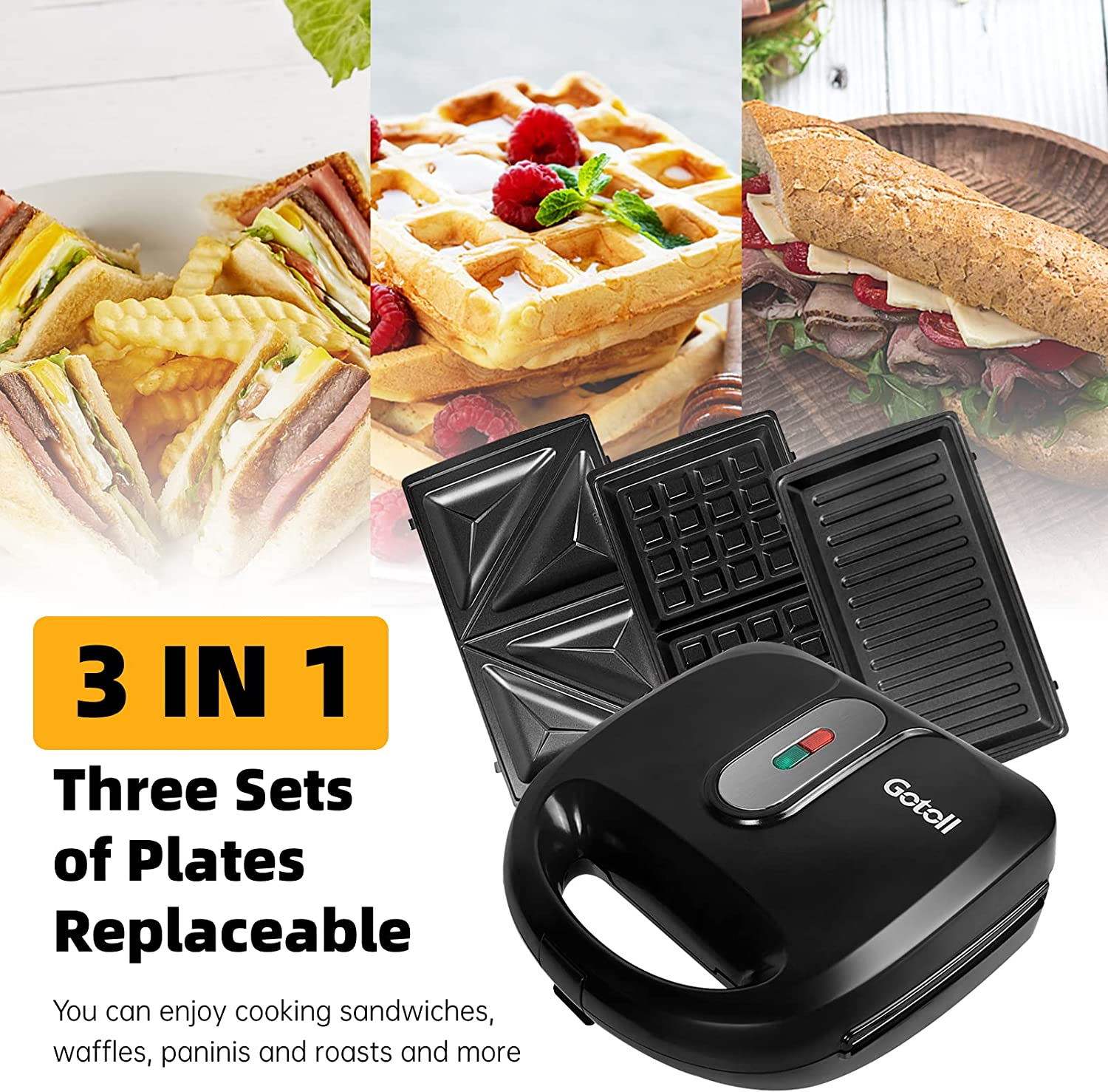 Schwarzer Sandwichmaker mit austauschbaren Platten und Essensbeispielen.