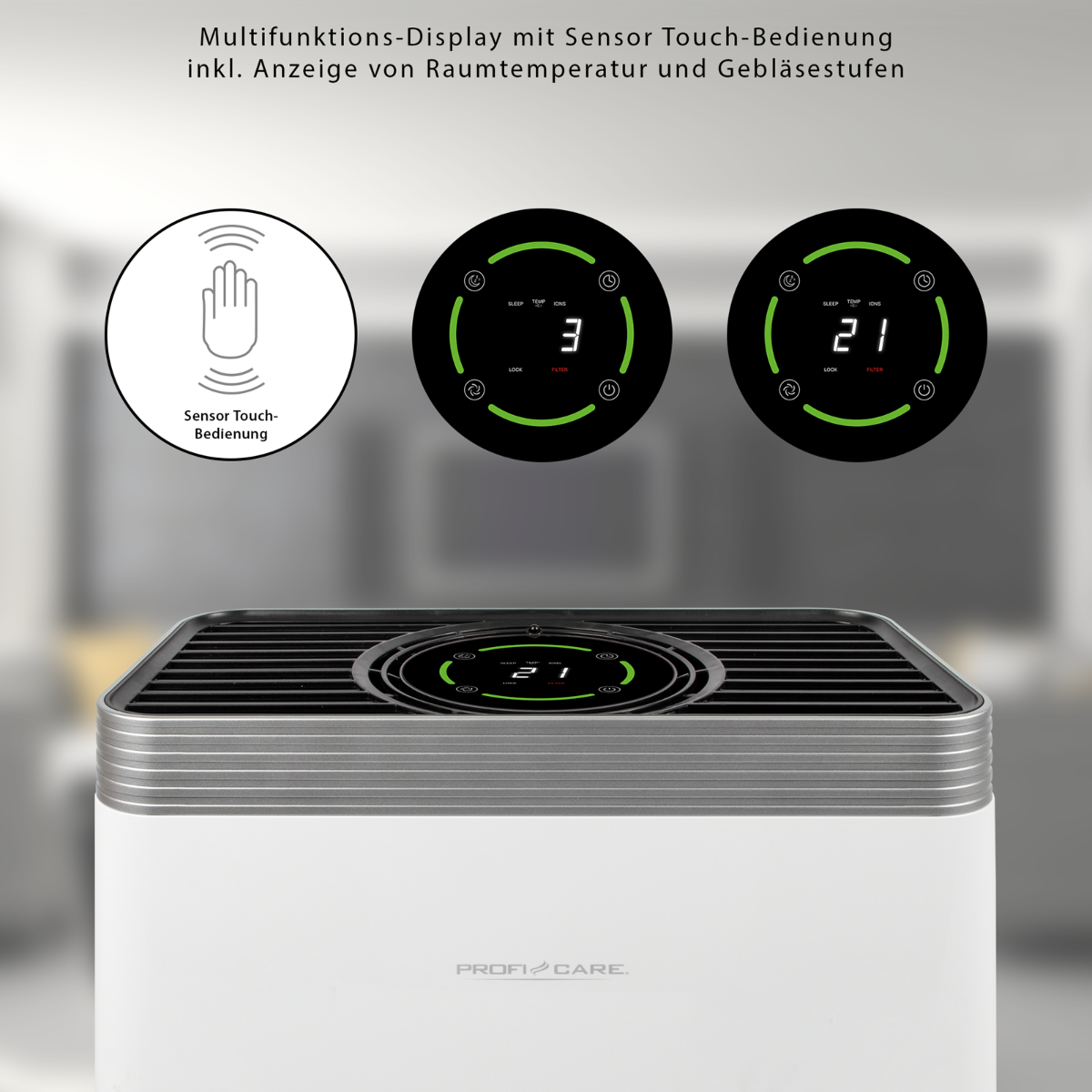 Biały oczyszczacz powietrza z czarnym blatem, wyświetlający interfejs cyfrowy. Tekst: dotykowy czujnik, pokazuje temperaturę i prędkość wentylatora.