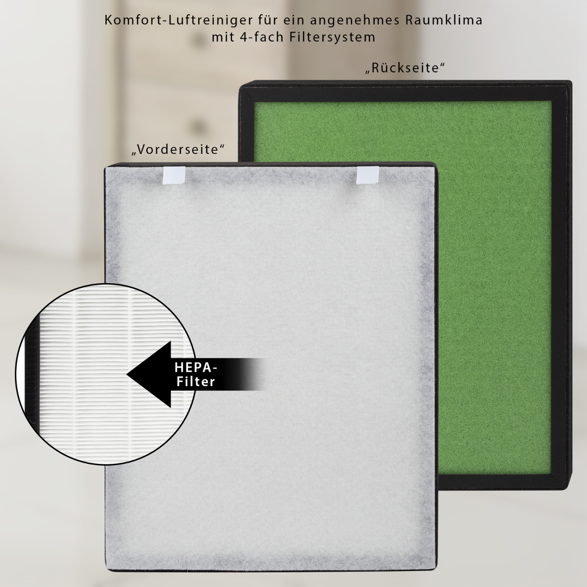 Filtr oczyszczacza powietrza z filtrem HEPA pośrodku, zielony filtr po prawej stronie.