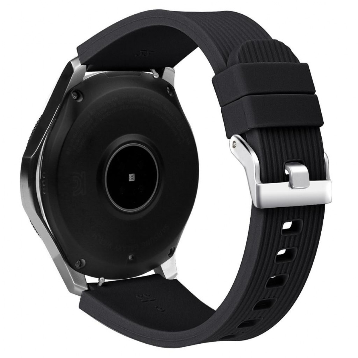 Schwarze Smartwatch, Rückansicht, mit schwarzem Armband.