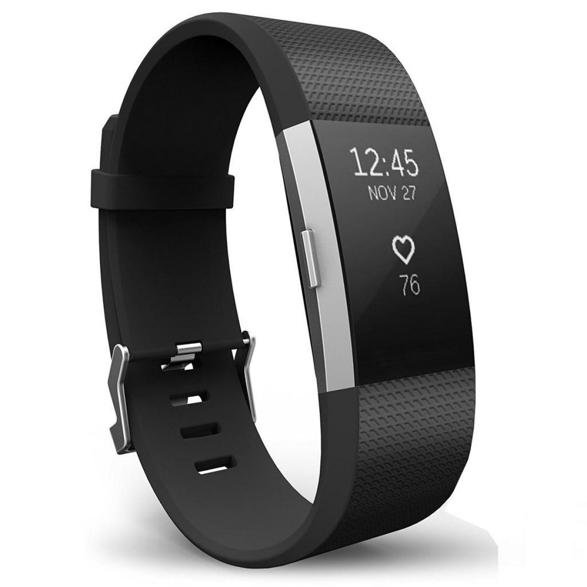 Zwarte fitnesstracker met een zwarte band. Scherm toont tijd en hartslag.