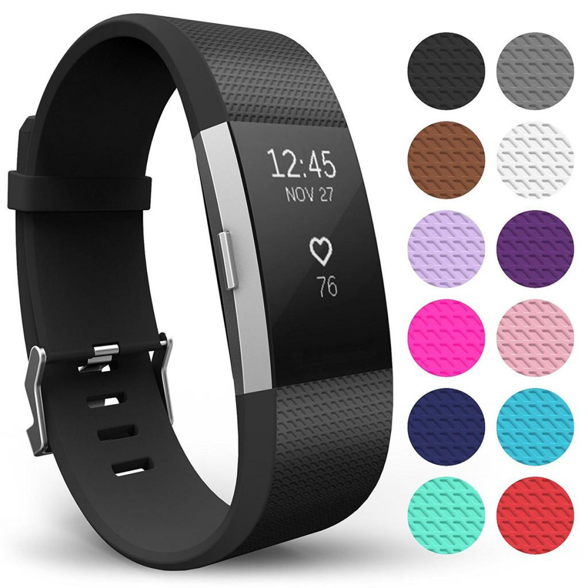 Zwarte fitnesstracker met scherm, toont tijd, datum en hartslag. Kleurstalen rechts.