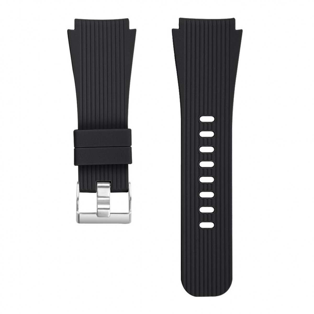 Zwei schwarze Uhrenarmbänder. Eines mit Schnalle und eines mit Löchern für die Schnalle.