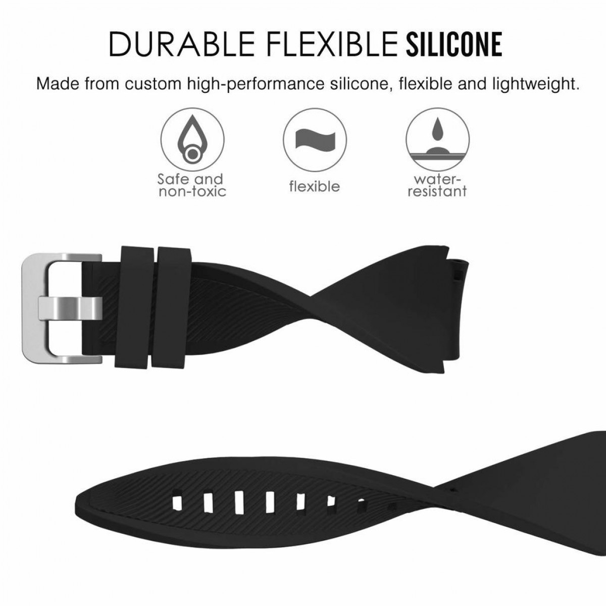Correa de reloj de silicona negra con hebilla metálica. Texto: Duradero, flexible y seguro.