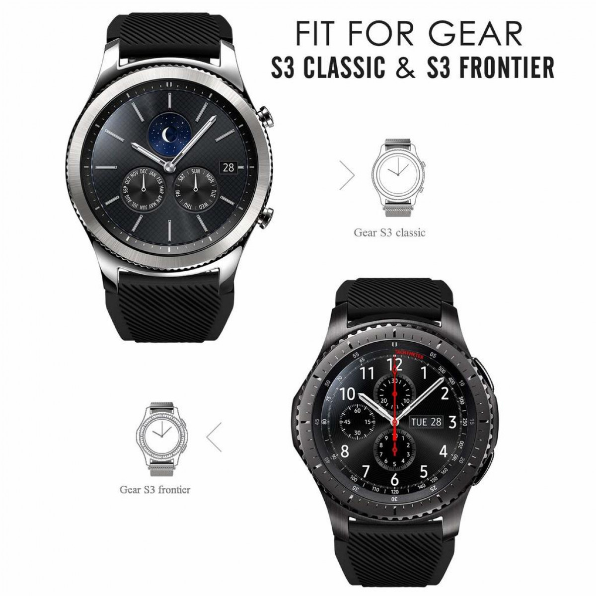 Dos smartwatches, uno con correa negra y otro con correa plateada.