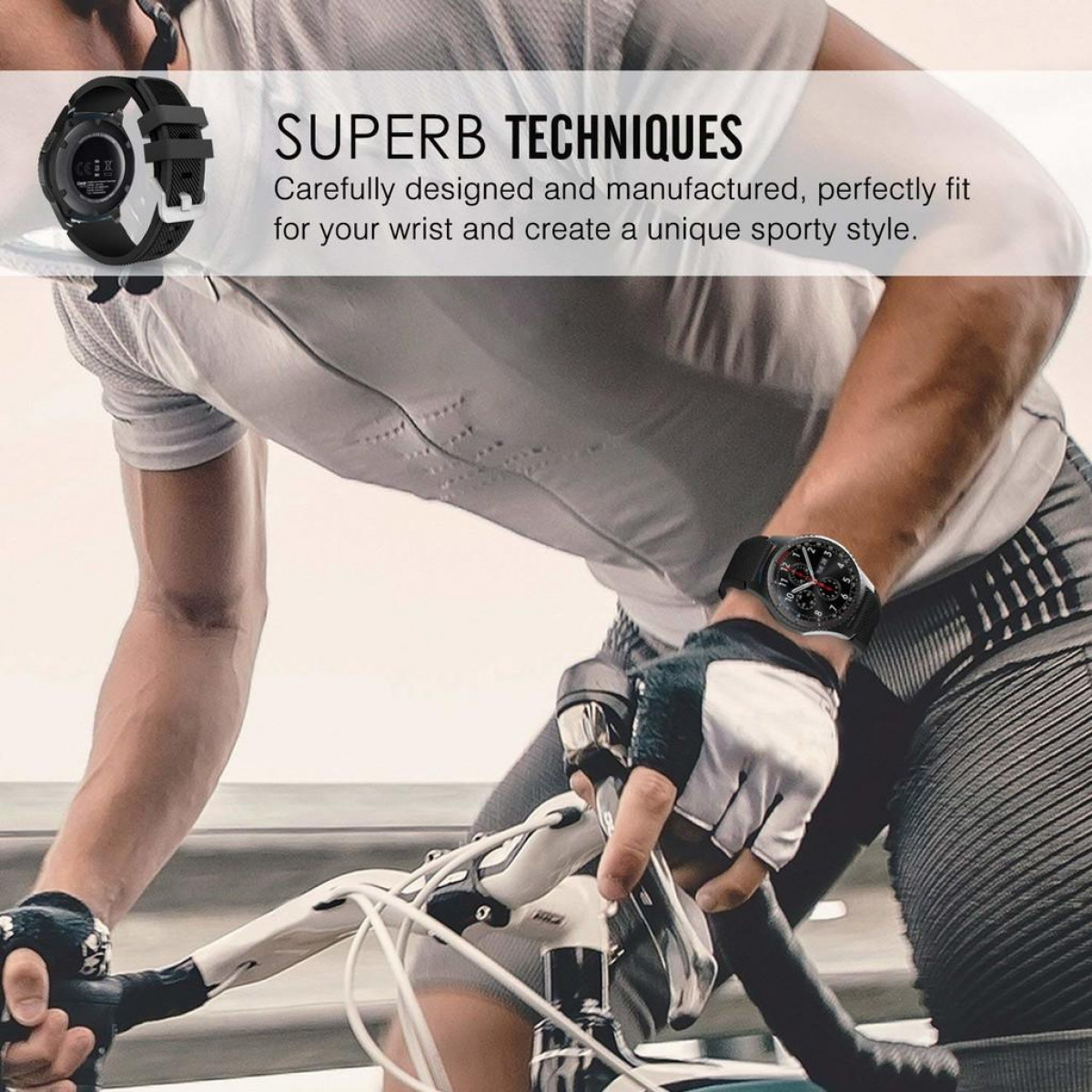 Muñeca de un hombre con un reloj inteligente. Texto sobre técnicas y estilo deportivo.
