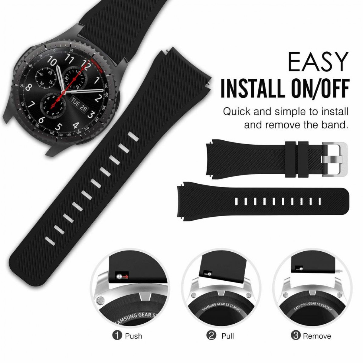 Reloj inteligente negro con correas y un diagrama que muestra la instalación.