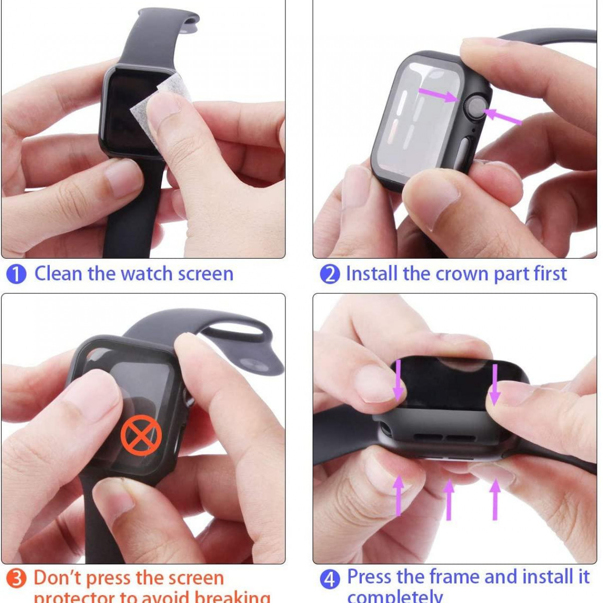 Czterostopniowy przewodnik: wyczyść ekran, zainstaluj koronę, nie naciskaj ekranu, naciśnij ramkę.