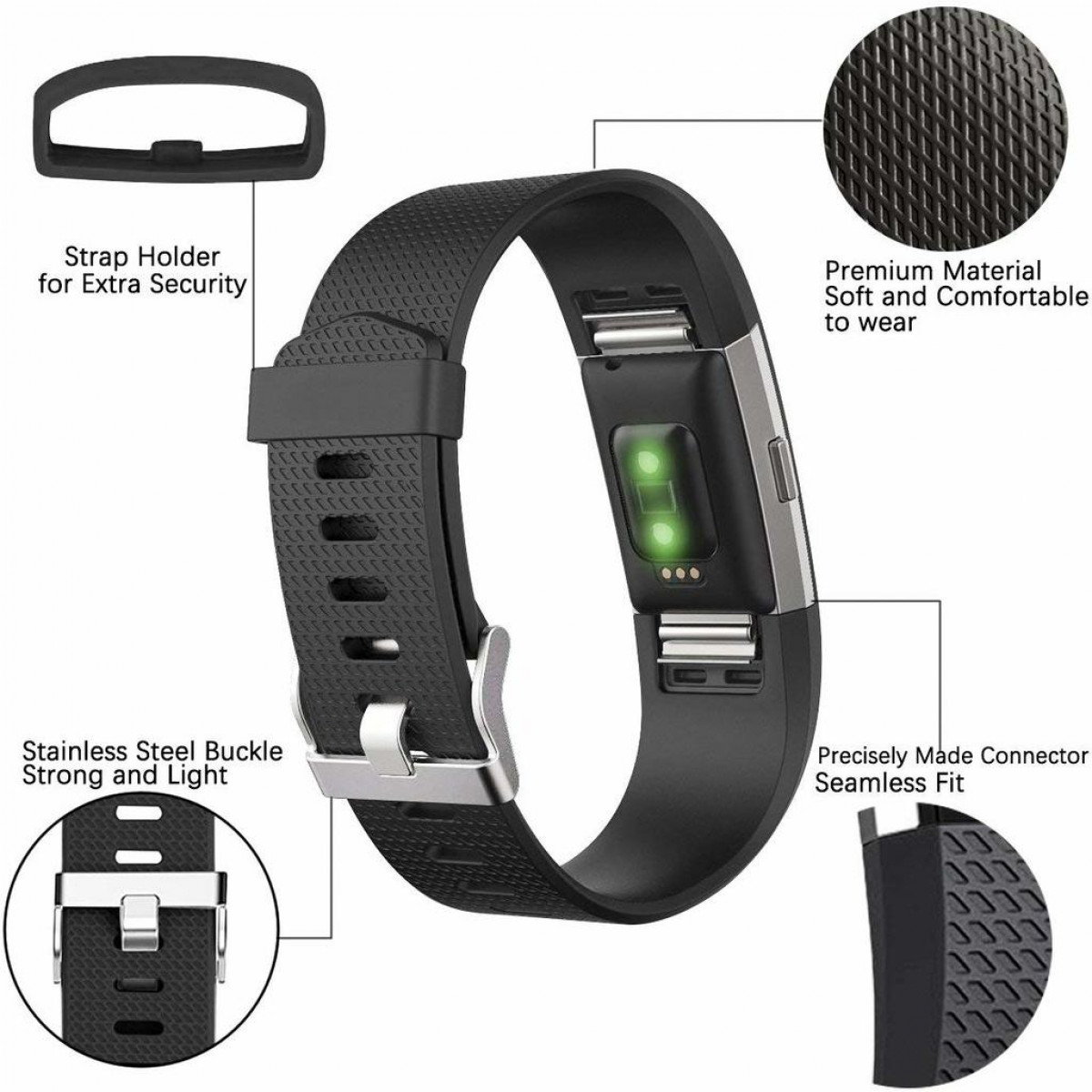 Smartwatch negra con soporte de correa, hebilla y varias funciones, primeros planos detallados.