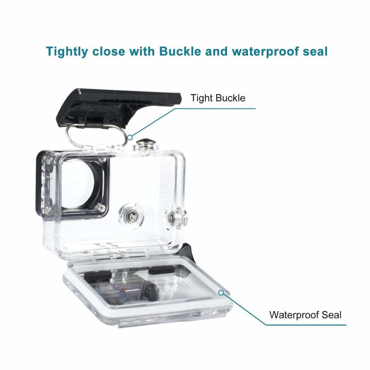 Een transparante waterdichte camerabehuizing met een strakke gesp en waterdichte afdichting.