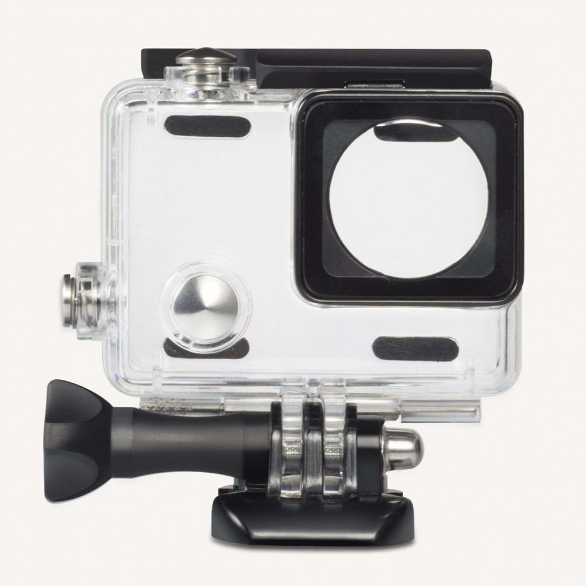 GoPro camera in een doorzichtige waterdichte behuizing. Camera en behuizing op een witte achtergrond.