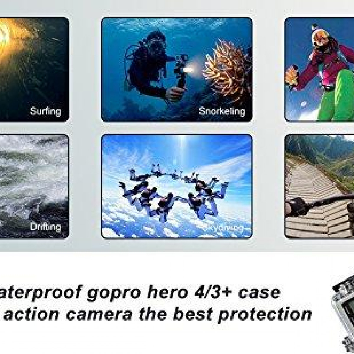 Afbeeldingen die verschillende gebruiksscenario's van actioncams laten zien: surfen, duiken, skydiven, etc.