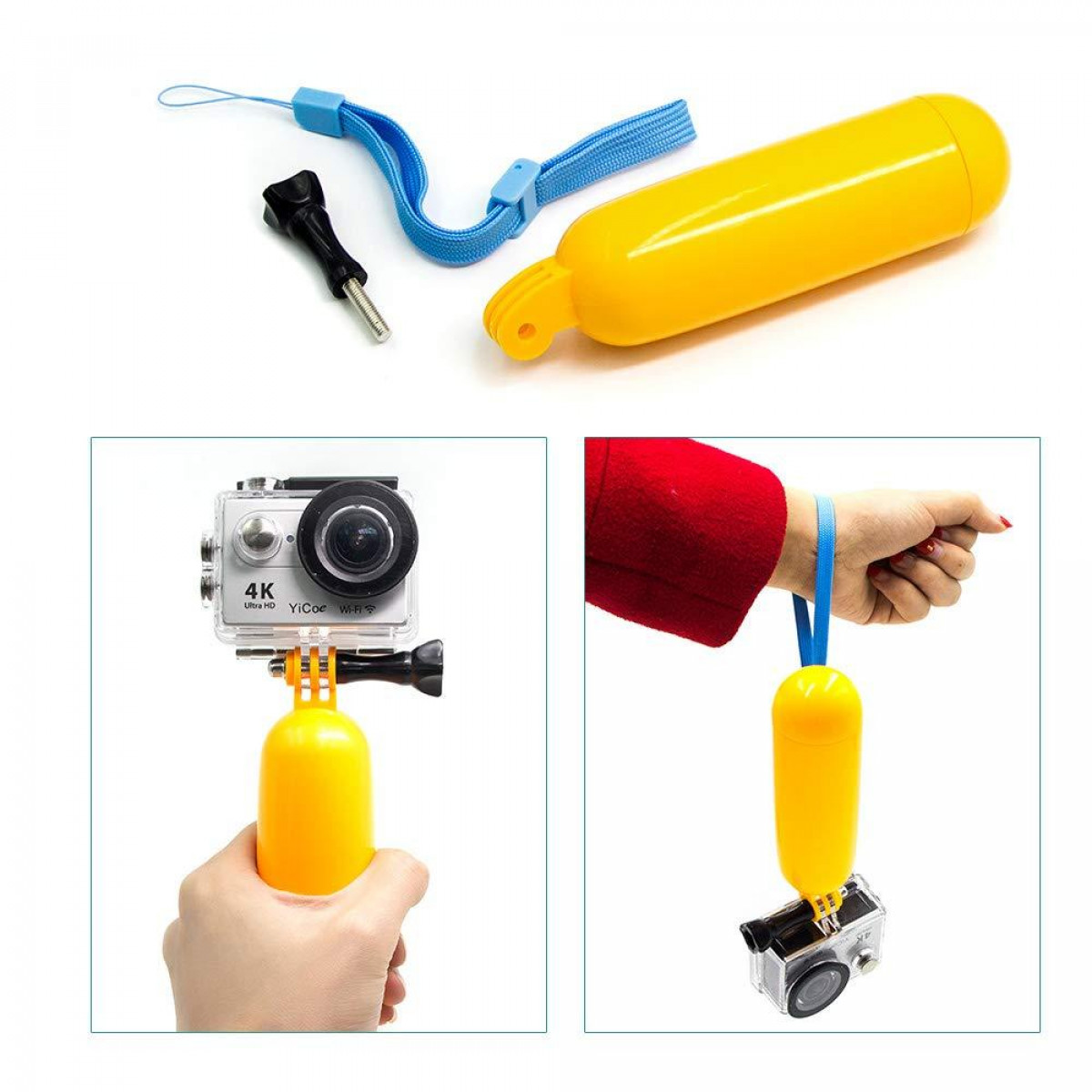 Gele drijvende handgreep met een camera bevestigd, een polsband en een houder. Twee afbeeldingen getoond.