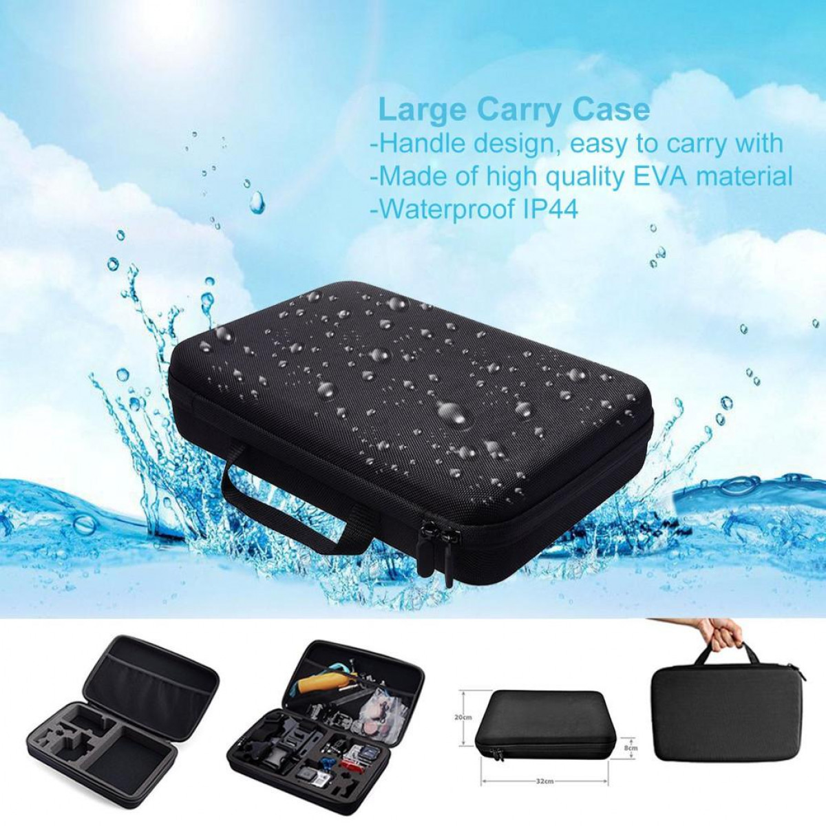 Zwarte draagtas met waterspat-effect. Tekst: 'Large Carry Case', en productinfo.