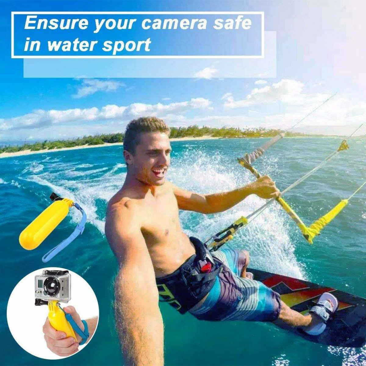 Man op een surfplank met een camera-drijver. Tekst: 'Zorg dat je camera veilig is in watersport'.