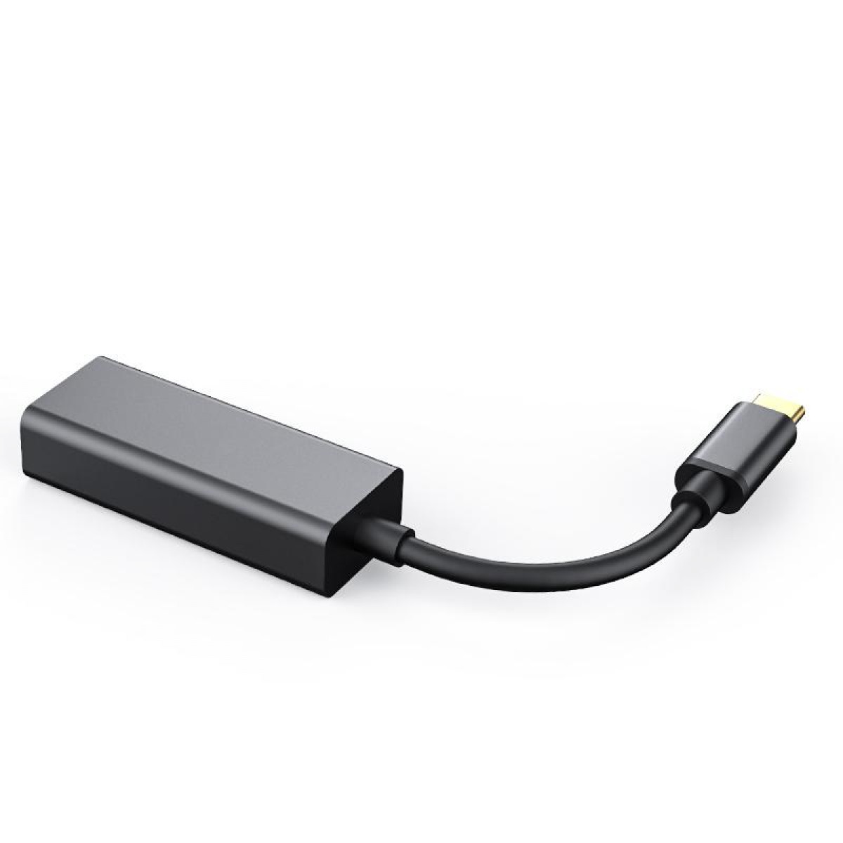 Czarny adapter USB-C z przewodem, łączący prostokątny blok z złączem USB-C.
