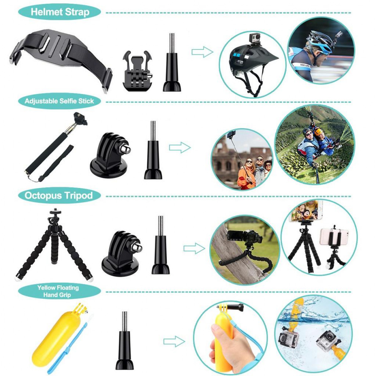 Accessoires voor actiecamera's: helmriem, selfiestick, octopus-statief en handgreep.