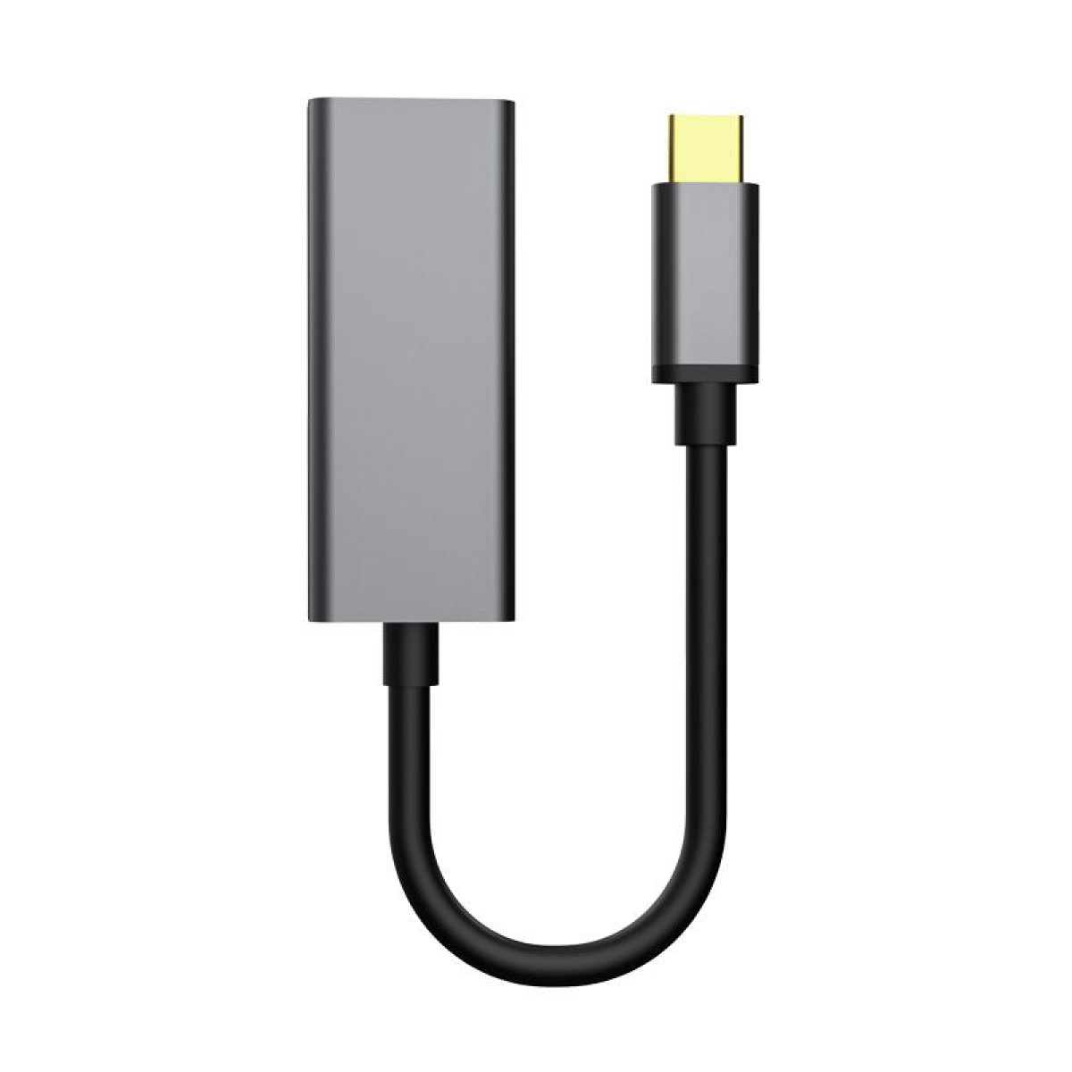 Szara przejściówka USB-C na USB z krótkim czarnym kablem. Adapter jest w pozycji pionowej.