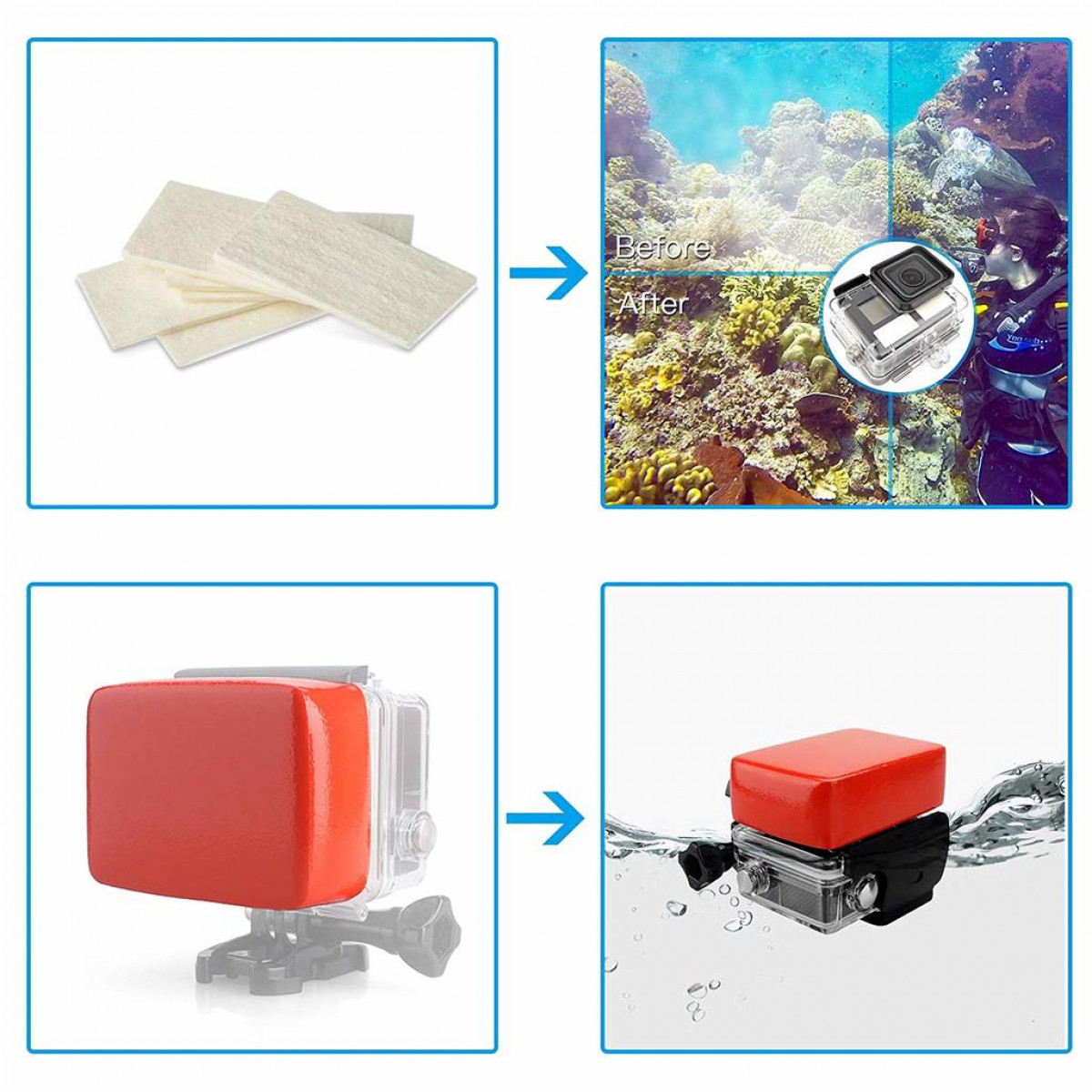 Vier afbeeldingen die een GoPro met een rode drijver tonen. Voor/Na onder water.