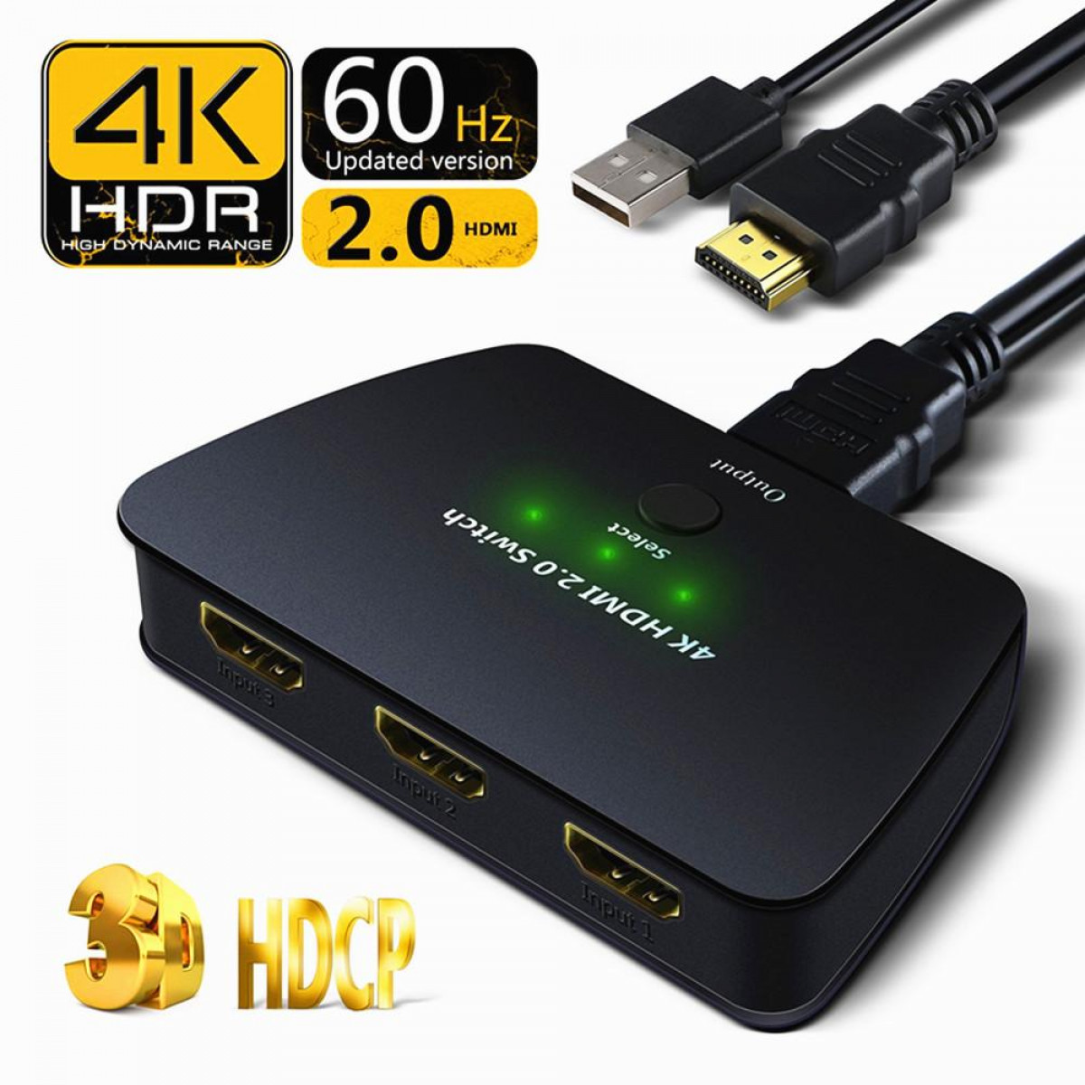 Czarny przełącznik HDMI z 3 wejściami, 1 wyjściem i USB, oznaczony jako 4K, HDR, 60Hz i HDMI 2.0.