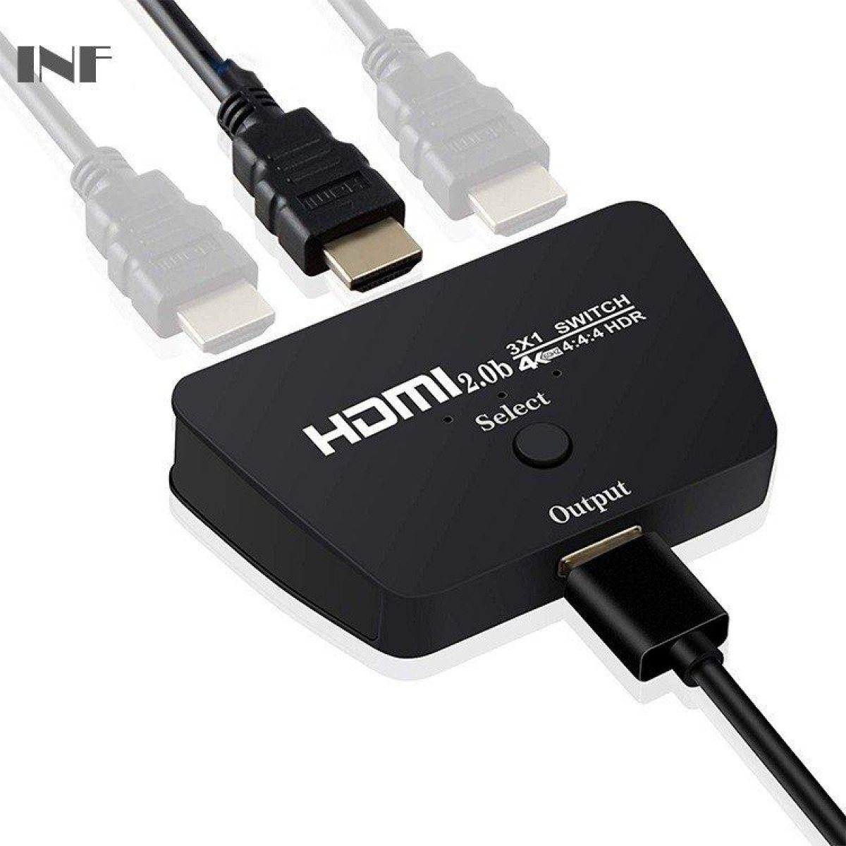 Czarny przełącznik HDMI z trzema wejściami HDMI i jednym wyjściem oraz kablem HDMI.
