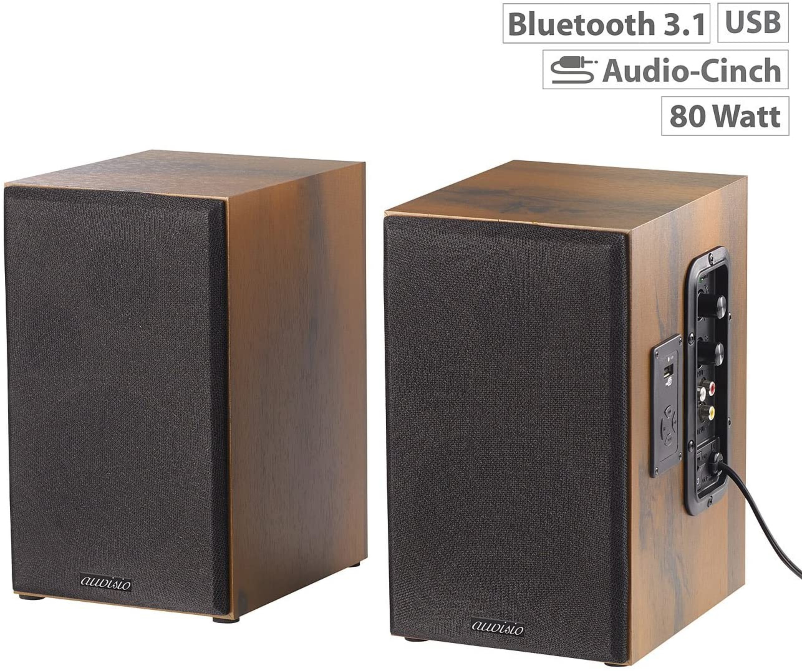 Zwei braune Lautsprecher mit schwarzer Lautsprecherabdeckung. Text: Bluetooth 3.1, USB, Audio-Cinch, 80 Watt.