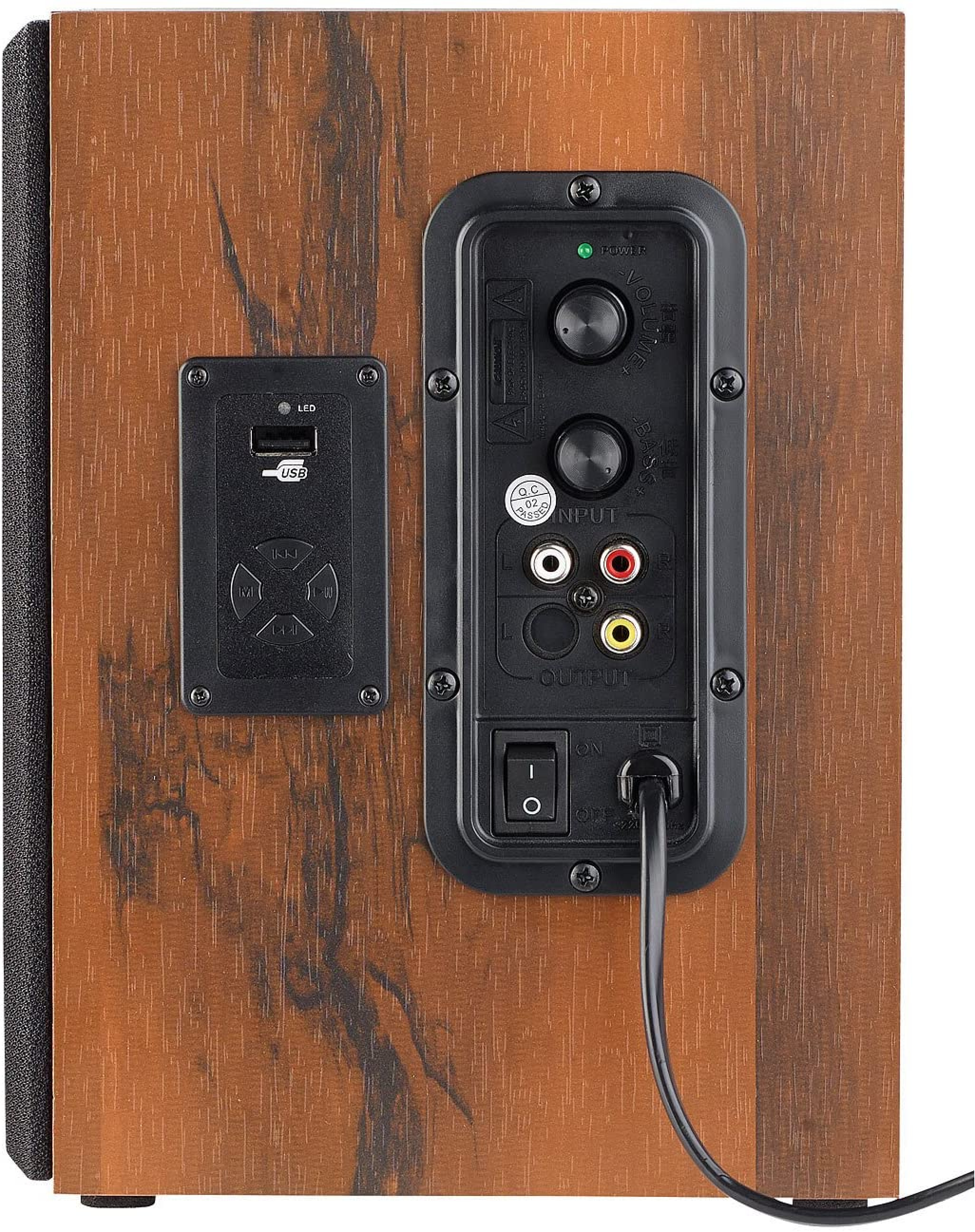Lautsprecher-Rückseite: Holzmaserung, schwarzes Panel mit Eingängen, USB, Schalter und Netzkabel.