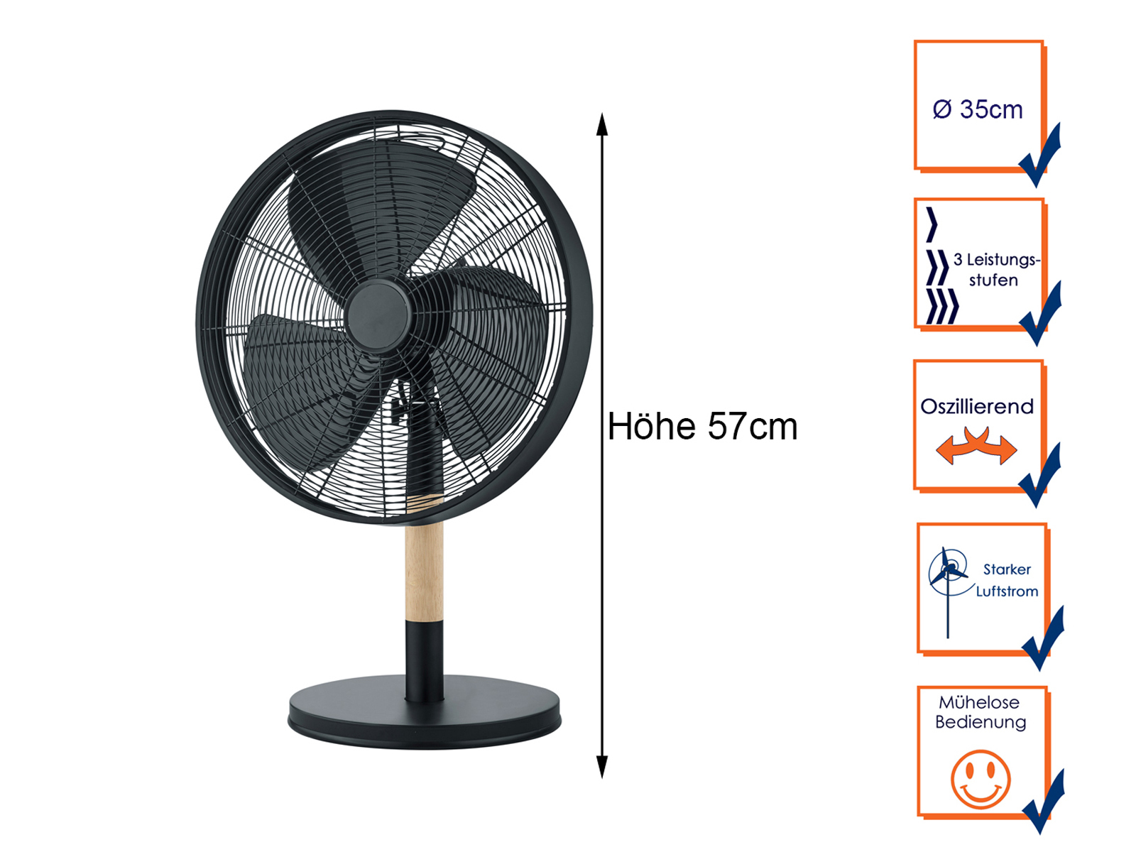 Schwarzer Ventilator mit Holzsockel. Hat eine Höhe von 57cm. Merkmale sind 3 Geschwindigkeiten, Oszillation und einfache Bedienung.