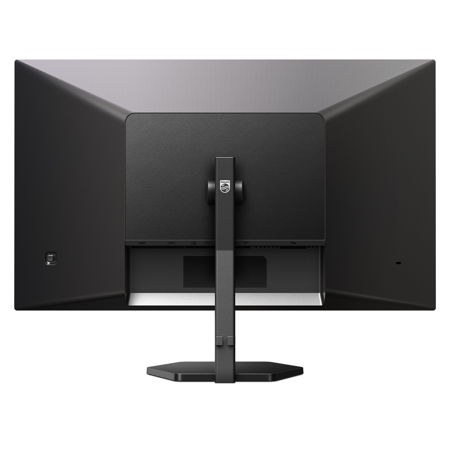 Vista posteriore di un monitor nero con supporto e varie porte.