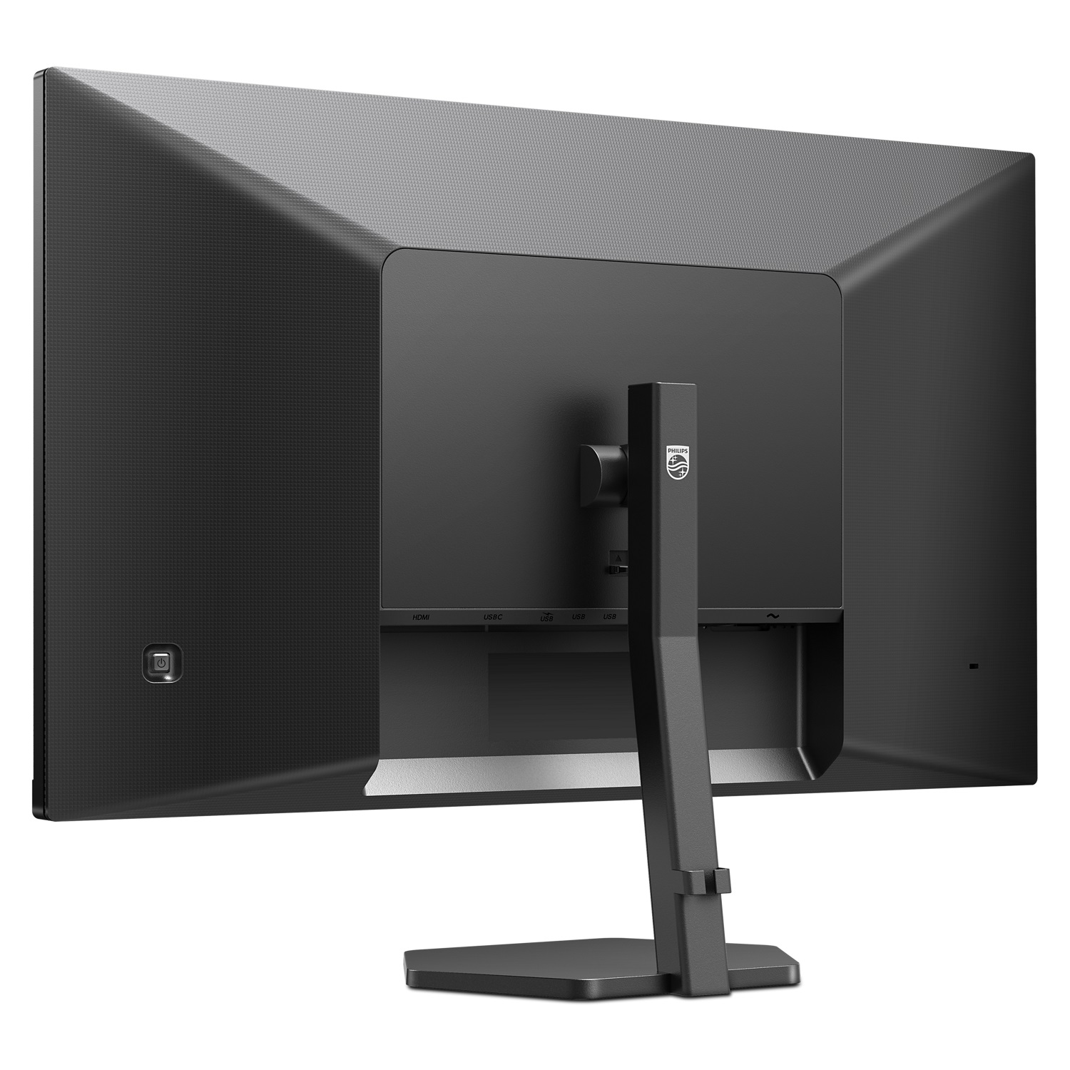 Il retro di un monitor per computer nero con supporto e varie porte.