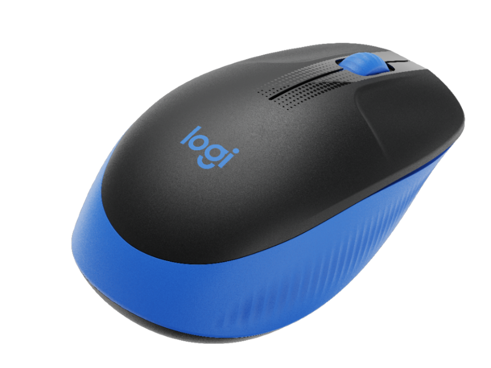 Beyaz zemin üzerinde, kaydırma tekerleği olan siyah ve mavi bir Logitech fare.