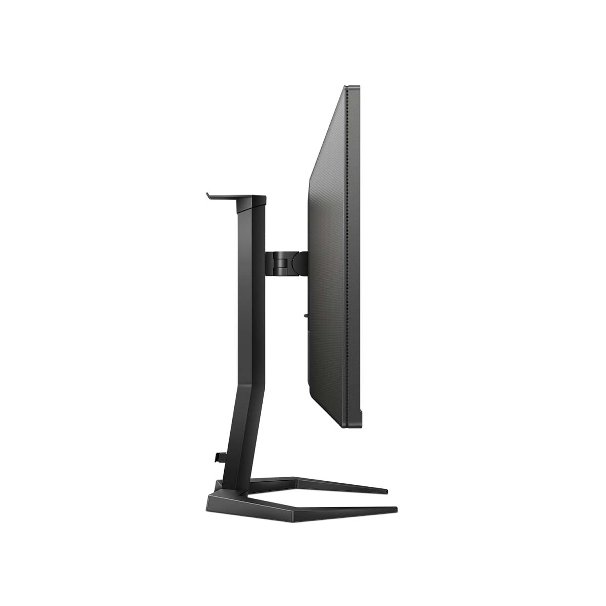 Seitenansicht eines schwarzen Computermonitors mit Ständer.